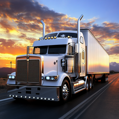 A semi-truck on a highway at sunset